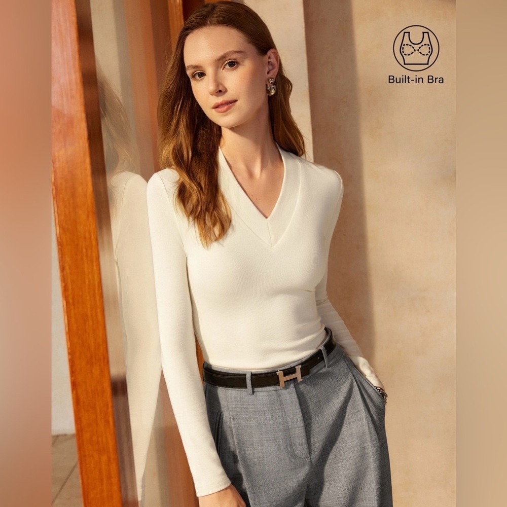 OGL LiteWarm Essential V-neck Wide‎ Binding Slimming Brami Top medium ivory NWT